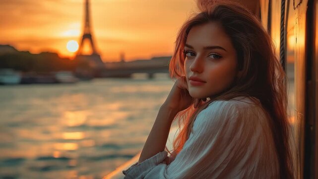 Beautiful girl enjoying sunset on a ship with the Eiffel Tower in the background near the Seine River, Beautiful girl on a ship against the backdrop of sunset in Paris