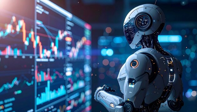 A humanoid robot with illuminated joints analyzes vibrant financial charts on large digital screens, symbolizing AI-driven decision-making in a futuristic trading environment.