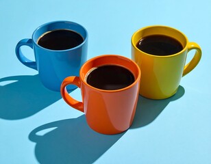 Three Colorful Coffee Cups on a Blue Surface.