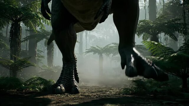 Tyrannosaurus rex running on a dusty path through a dense, primeval jungle environment with towering ferns and exotic plant life creating a sense of ancient wilderness and danger