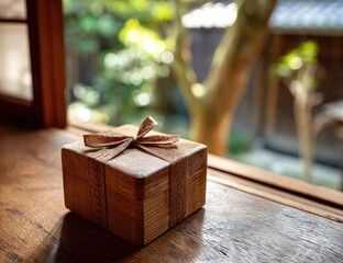 A small, light brown wooden box, tied with a light brown ribbon, sits on a wooden windowsill.  A blurred garden scene is visible through the window