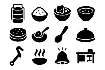 Kitchen and dining icon set: meals, utensils, and food containers in bold black silhouette style