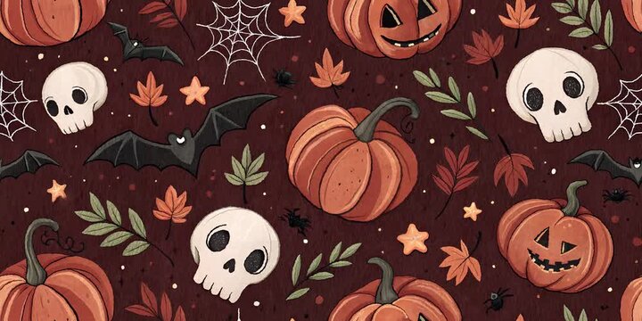 seamless pattern with halloween pumpkins with cartoon hand drawn effect