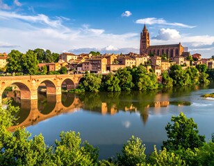 French Town River Bridge Scenic View.
