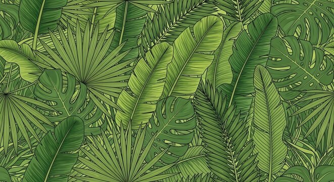 Lush tropical foliage pattern with vibrant green leaves offering a botanical escape featuring palm