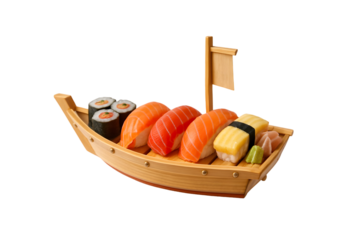 Assortment of sushi including salmon nigiri, egg nigiri and maki rolls served on a small wooden boat with transparent background. Food presentation with wasabi and ginger.