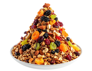 A conical pile of granola topped with dried fruit and nuts on a white plate
