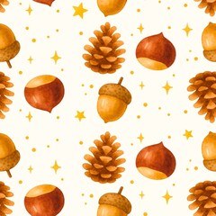 Seamless pattern featuring autumn elements like acorns, pine cones, and chestnuts, complemented by golden stars, creating warm and cozy atmosphere