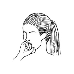 Woman portrait without a face, biting her fist - hand drawn line art illustration