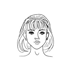 woman portrait, frontal view, with a neutral expression, a woman's head with a curved bob and bangs - hand-drawn line art illustration