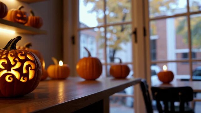 Rustic halloween pumpkin decor glowing with candlelight in cozy autumnal setting