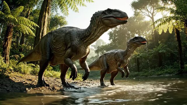 Two allosaurus dinosaurs sprint through a shallow river in a lush prehistoric jungle, splashing water as they chase across vibrant ferns and sunlit tropical foliage