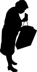 Silhouette of an old woman with a bag
