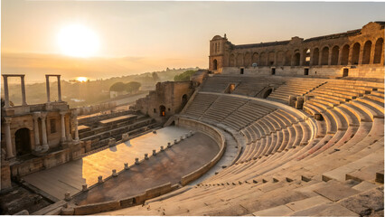 Ancient stone amphitheater bathed in warm golden morning sunlight with rows of seating and stage area full hd 4k stock image download