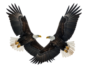 Two bald eagles in flight, wings outstretched, facing each other in a symmetrical, heart-shape formation