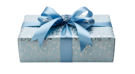 Gift box wrapped in silver paper with blue ribbon isolated on transparent background