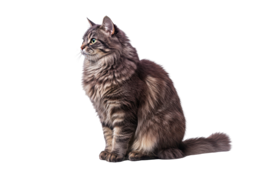Isolated, a longhaired tabby cat in profile sitting and looking toward the left side