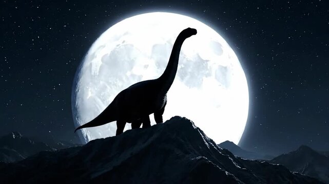 Brachiosaurus silhouette standing on a rocky mountain against a giant full moon and starry night sky, representing prehistoric life, loneliness, history, and the natural world