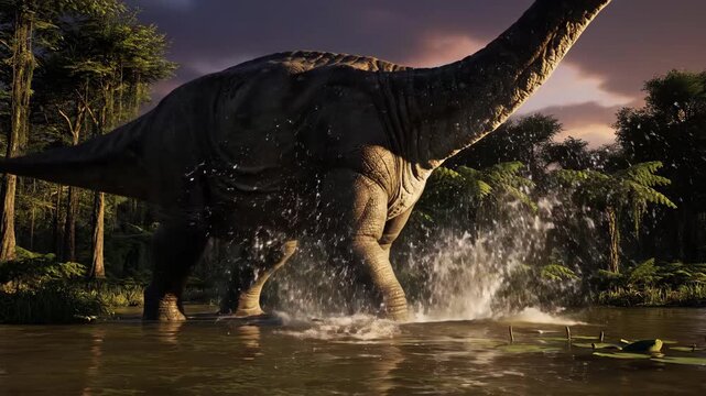 Large brachiosaurus dinosaur is wading through a primeval shallow river in a dense prehistoric jungle environment under a dramatic sunset sky, depicting ancient nature and wildlife
