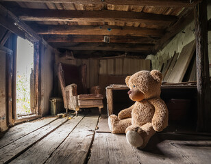Abandoned Teddy Bear in a Dusty Attic with Wooden Furniture Around