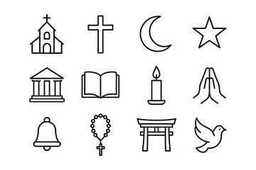 Minimalist religious symbols set: christianity, islam, judaism, and peace icons in outline style