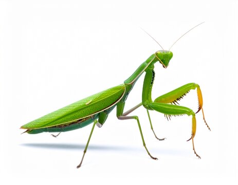 Close-up of praying mantis on white background