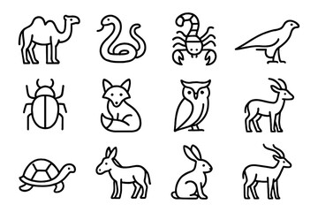 Minimalist animal icons: diverse wildlife in simple line art style