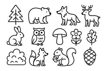 Simple forest animal and nature icons in linear style