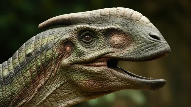 Parasaurolophus head featuring intricate scaled skin texture, capturing the essence of the cretaceous period and the awe-inspiring presence of prehistoric dinosaurs