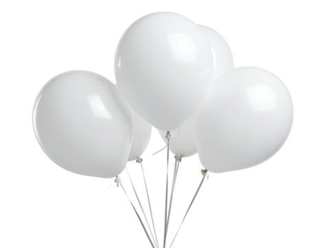 Cluster of four white balloons, tied with thin strings
