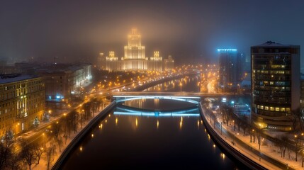 Fototapeta premium Nocturnal City Skyline: A captivating cityscape at dusk, where the urban architecture meets the serene reflection of a river under a hazy atmosphere.