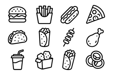 Fast food icons: classic line art set featuring burger, pizza, and more