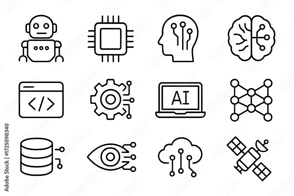 Wall mural Linear icons of technology concepts: ai, cloud computing, robotics, and more
