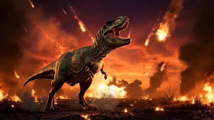 Tyrannosaurus rex roaring on scorched earth with fire and falling meteorites, portraying the dramatic prehistoric extinction event and global apocalypse - Powered by Adobe