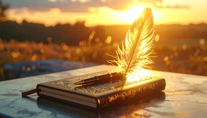 A modern journal with intricate gold foil designs on a leather cover, resting on a sleek desk with a single feather pen, illuminated by golden sunset, shot in vivid detail as if by HD camera. 32k, ful