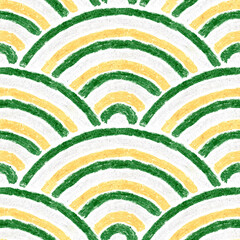 Seamless abstract arcs pattern. Hand drawn with pastel crayons in green and yellow. Modern geometric rainbow style for wallpaper, wrapping, textile and creative decor.