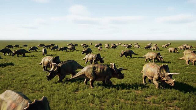 Large herd of triceratops dinosaurs grazing across a vast, green prehistoric grassland under a wide open sky, representing ancient wildlife and a thriving ecosystem