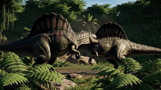 Two powerful carnivorous dinosaurs, spinosaurus and tyrannosaurus rex, are confronting each other in a dense prehistoric jungle, creating a thrilling scene of ancient wildlife and primeval power