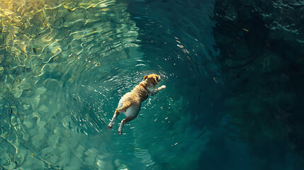 A dog is swimming in a pool of water