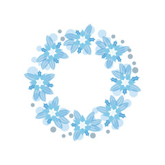 Modern Christmas Wreath Vector Illustration on white Background with Blue Winter Flowers and 'Merry Christmas' Text.