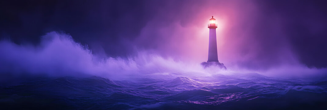 Intriguing lighthouse beams vivid stories and fairytales across a vast ocean wide banner - purple background