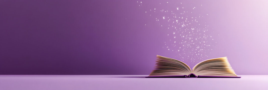 Majestic open book pours out a cascade of twinkling star constellations wide banner - purple background