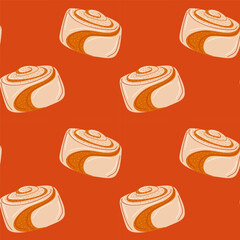 Seamless pattern with cinnamon rolls, sweet bakery pastry dessert background vector illustration.