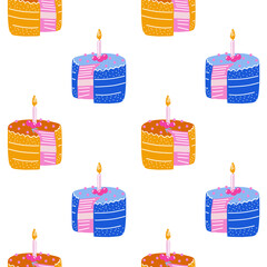Seamless pattern with birthday cakes and candles, festive dessert background vector illustration.