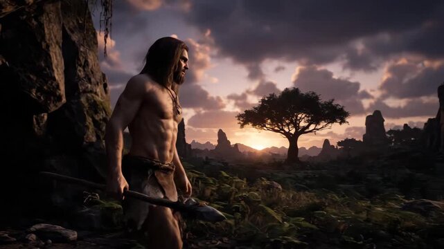 Primitive man standing by a cave entrance, looking down, and holding a primitive weapon or tool, with a dramatic cloudy sunset over a rugged prehistoric landscape
