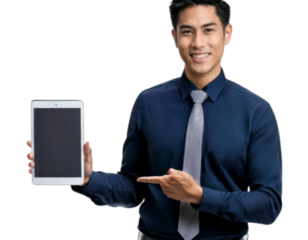 Entrepreneur Presenting Startup Idea with Tablet, isolated on transparent background PNG