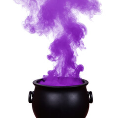 Smoking cauldron with rising purple smoke, against a white background