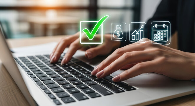 This image captures a woman's hands working on a laptop, enhanced by a minimalist, line-art style digital interface showing various financial planning and success icons.