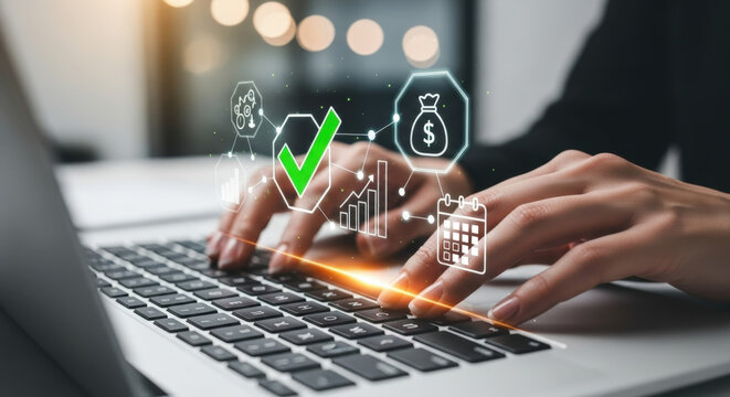 A woman's hands are actively typing on a laptop keyboard, with a vibrant digital overlay of finance-related icons like a large green checkmark and a glowing money bag.