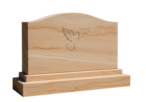 Isolated sandstone headstone with dove, symbolic memorial, peace, hope, stone marker
